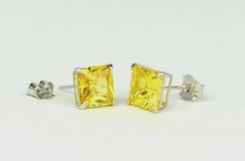 14k White Gold Solid Square Princess Cut Birthstone 6MM CZ Stud Earrings