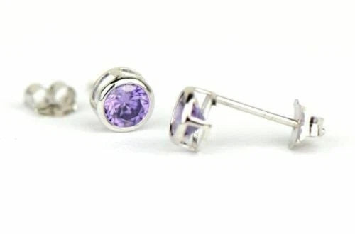 14K Round Bezel 4mm Set White Gold Birthstone Earrings