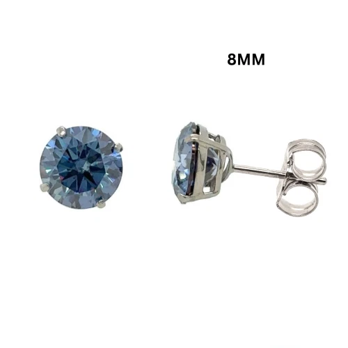 Gold 14K GRA Certified D-VVS1 Round Blue Moissanite Push Back Studs Earrings