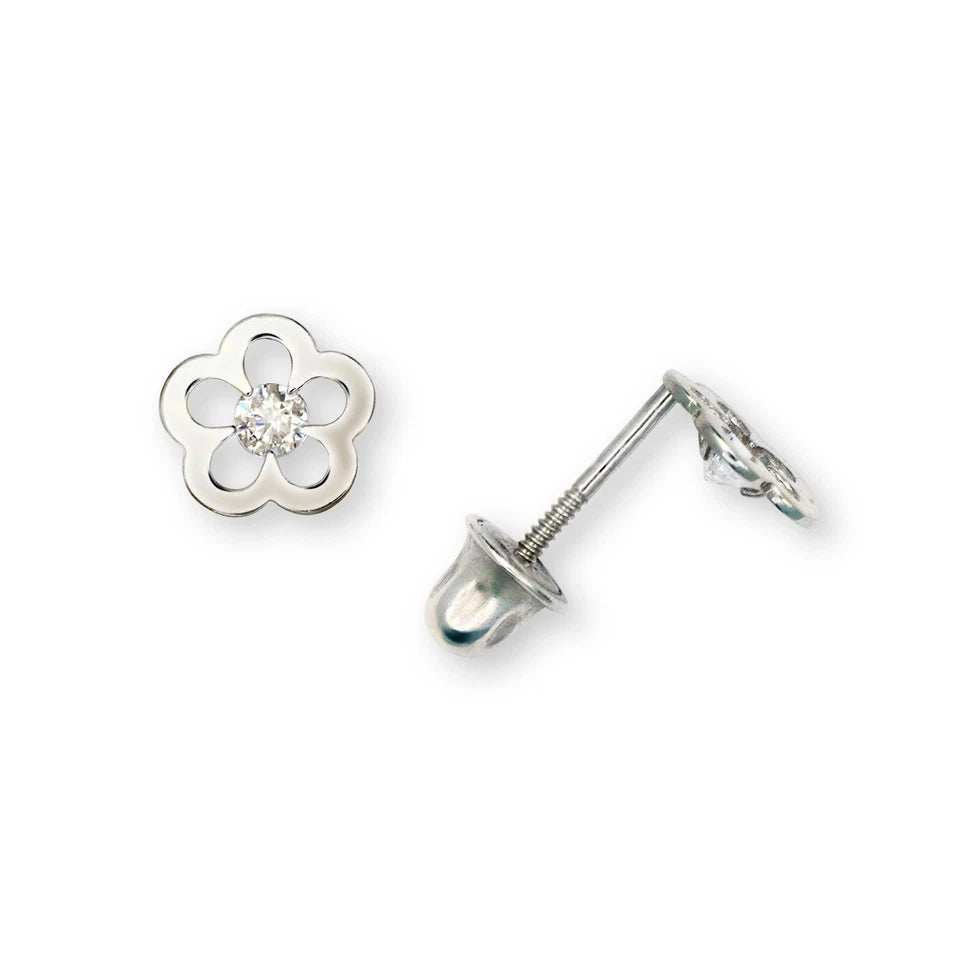 14K Yellow & White Gold Flower Cute CZ Stud Screw back Earrings for Women