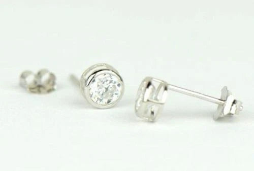 14K Round Bezel 4mm Set White Gold Birthstone Earrings