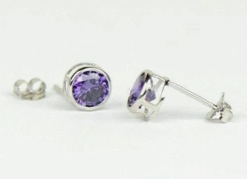 14K Round Bezel3mm Set White Gold Birthstone Earrings