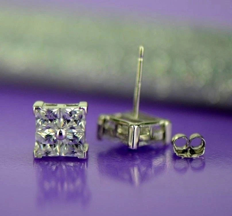 14K Yellow or White Gold Fancy Square CZ Stud Earrings For Women