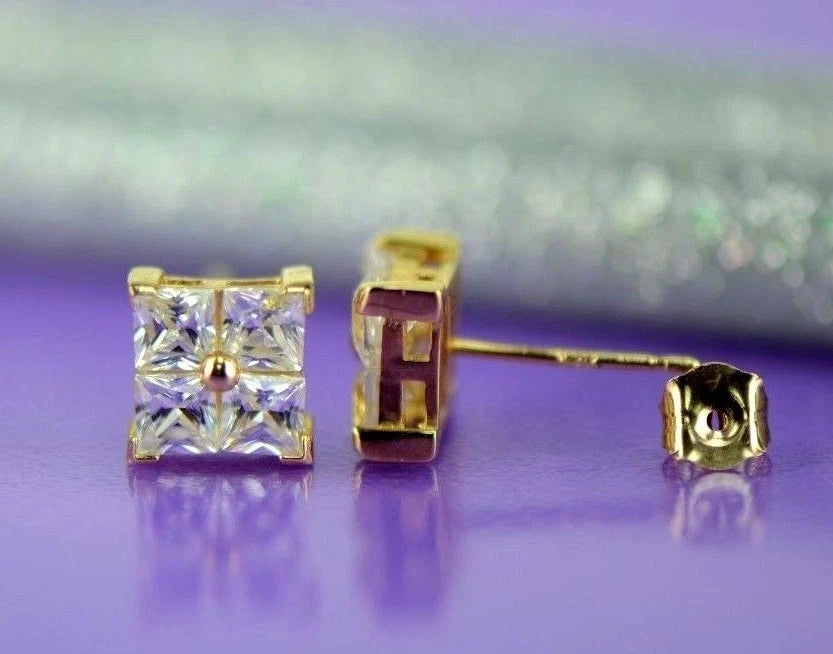 14K Yellow or White Gold Fancy Square CZ Stud Earrings For Women