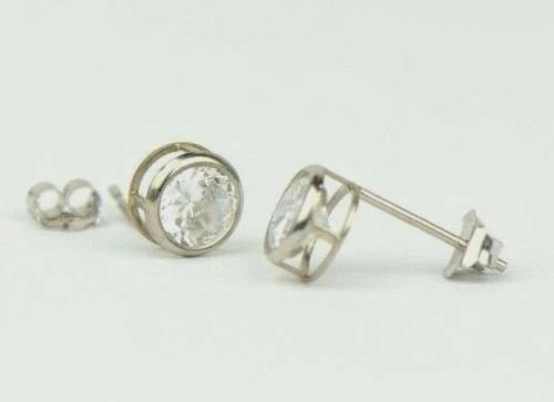 14K Round Bezel3mm Set White Gold Birthstone Earrings