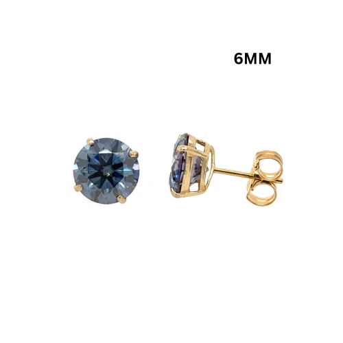 Gold 14K GRA Certified D-VVS1 Round Blue Moissanite Push Back Studs Earrings