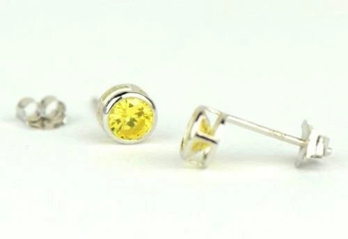 14K Round Bezel 4mm Set White Gold Birthstone Earrings