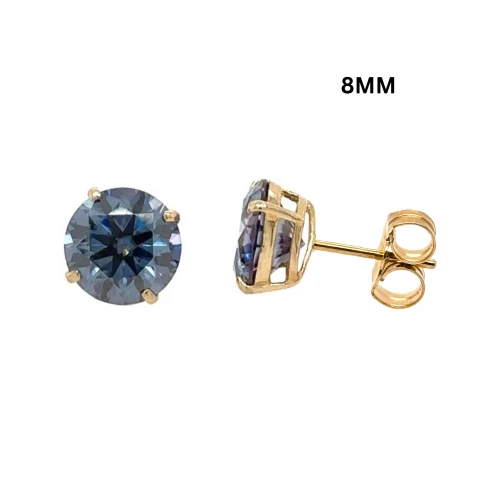 Gold 14K GRA Certified D-VVS1 Round Blue Moissanite Push Back Studs Earrings