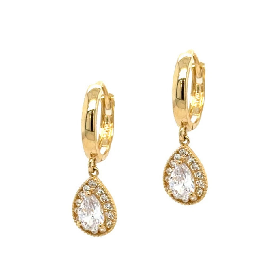 14k Yellow Gold Halo Birthstone Huggie Earrings for Women