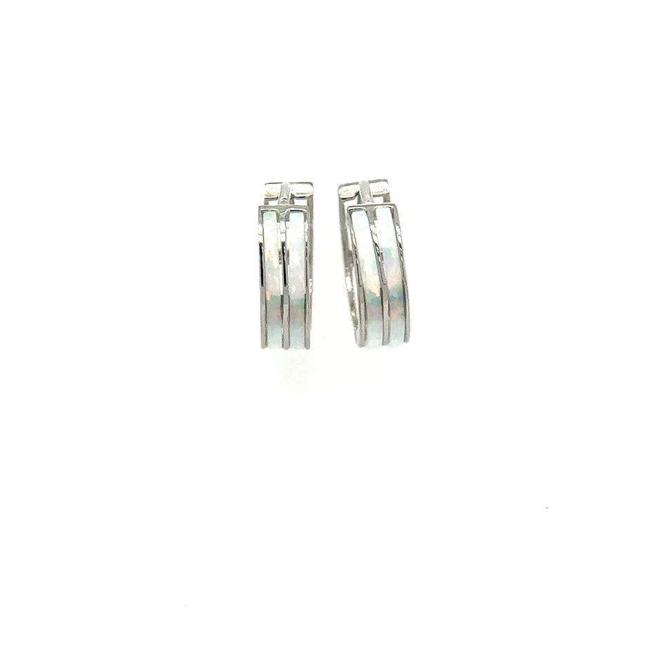 14k White Gold Double Row White Opal Huggie Hoop Earrings