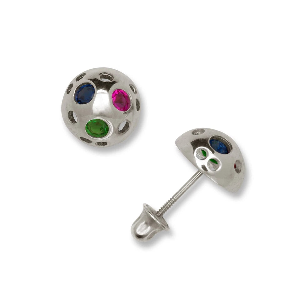 14K Yellow & White Gold Half Ball Shaped Ruby Emerald & Sapphire Stud Earrings