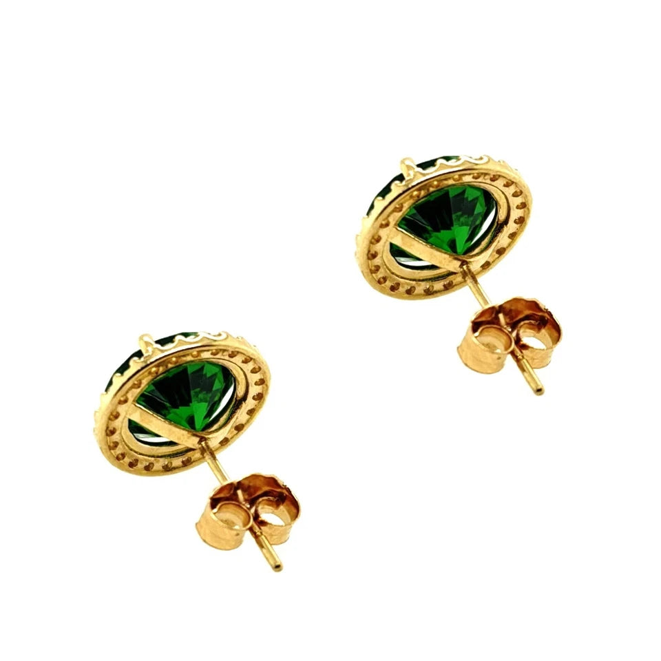 14K Solid Yellow Gold Halo Stud Push Back Emerald Earrings