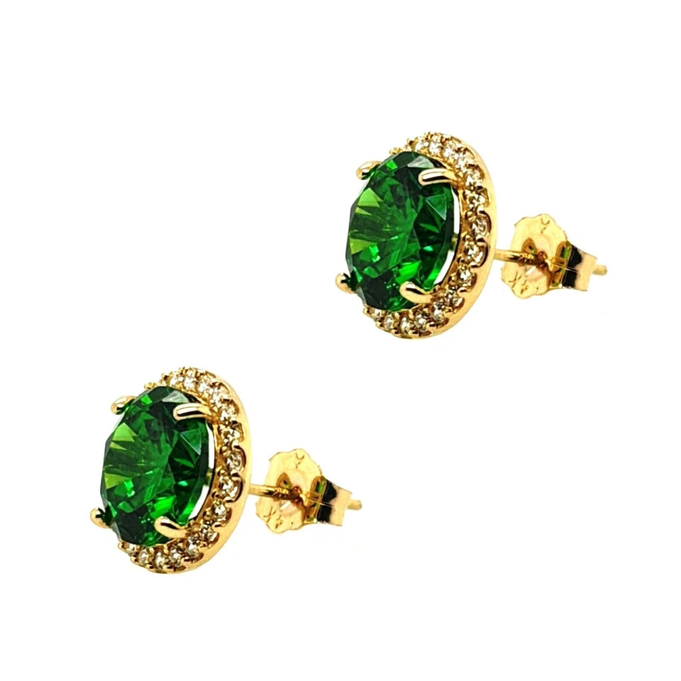 14K Solid Yellow Gold Halo Stud Push Back Emerald Earrings
