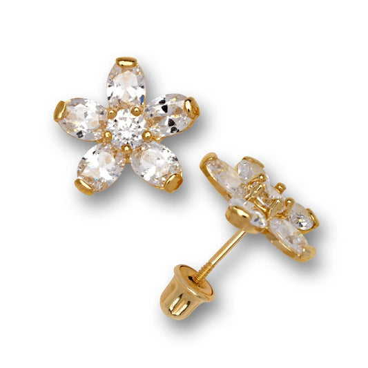 14K Yellow Gold Cz Flower Stud Affordable & Pretty Earrings for Women