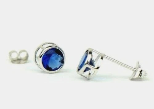 14K Round Bezel3mm Set White Gold Birthstone Earrings