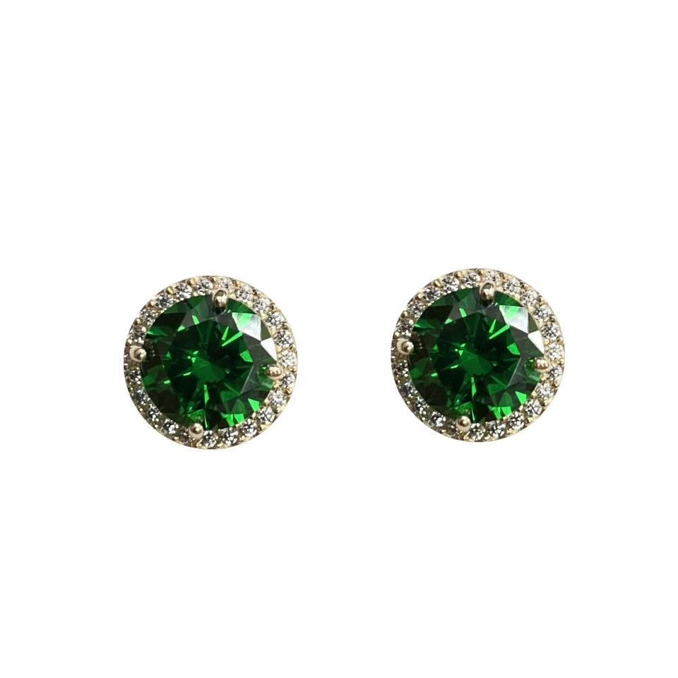 14K Solid Yellow Gold Halo Stud Push Back Emerald Earrings