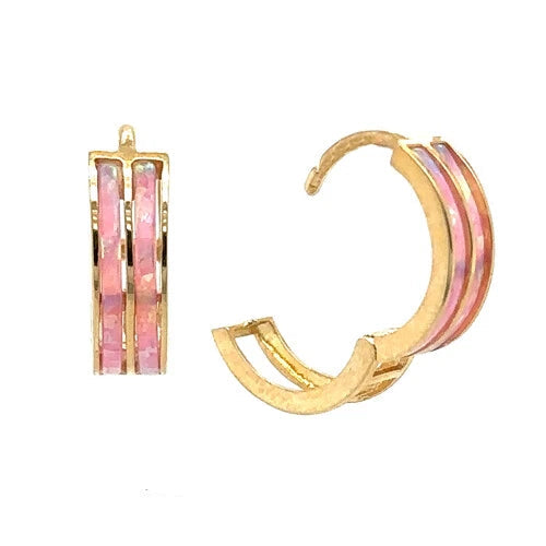 14k Yellow/White Gold Double Row Pink Opal Huggie Hoop Earrings