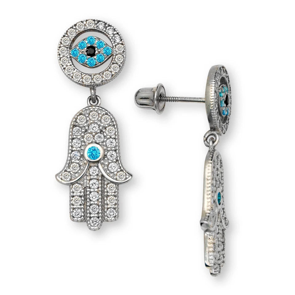 14K Yellow & White Gold Unique Evil Eye Hamsa Hand Dangle Earrings for Women