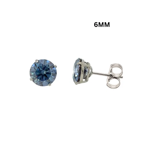Gold 14K GRA Certified D-VVS1 Round Blue Moissanite Push Back Studs Earrings