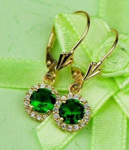 14k Yellow Gold Halo Dangle Round Leverback Pierced Earrings Birthstone