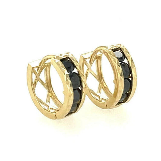14k Yellow Gold Diamond Cut with Black CZ Huggie Earrings