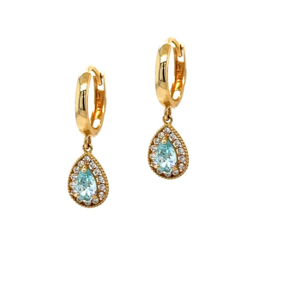 14k Yellow Gold Halo Birthstone Huggie Earrings for Women