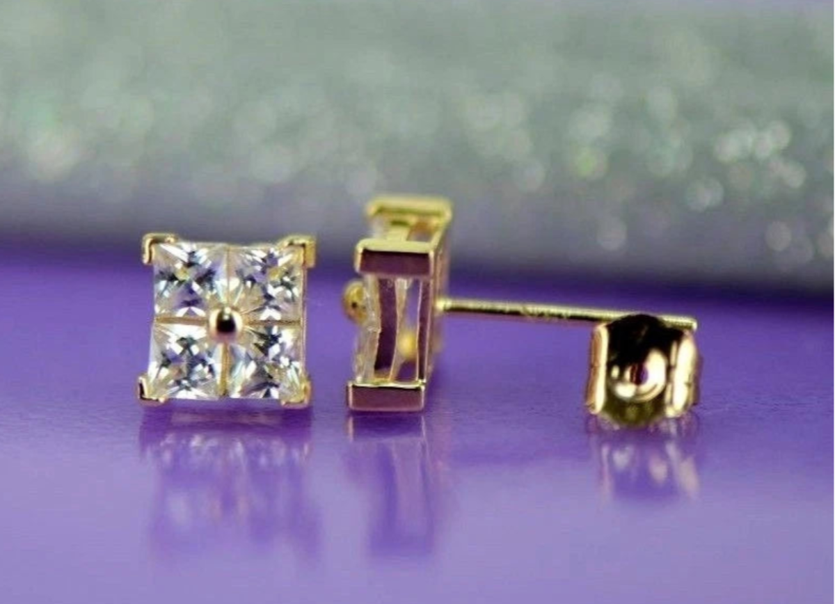 14K Yellow or White Gold Fancy Square CZ Stud Earrings For Women