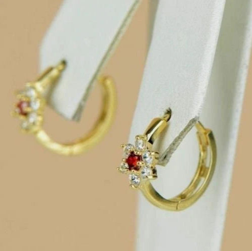 14k Yellow Gold Flower Huggies Hoop Earring Birthstone