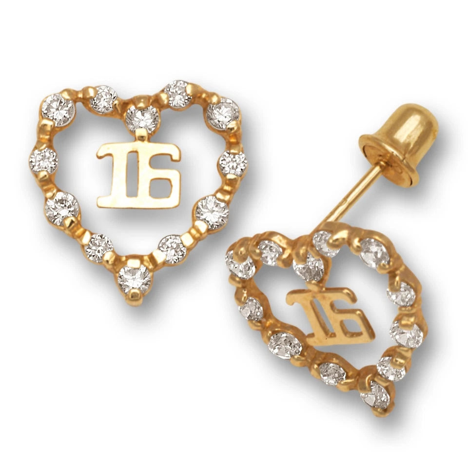 14K Yellow Gold Heart Shaped 16 Number kids Earrings