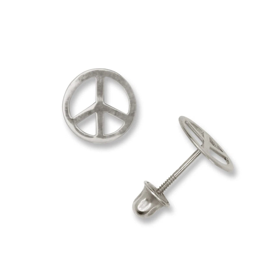 14K Yellow & White Gold Peace Sign Screw Back Stud Earring for Women