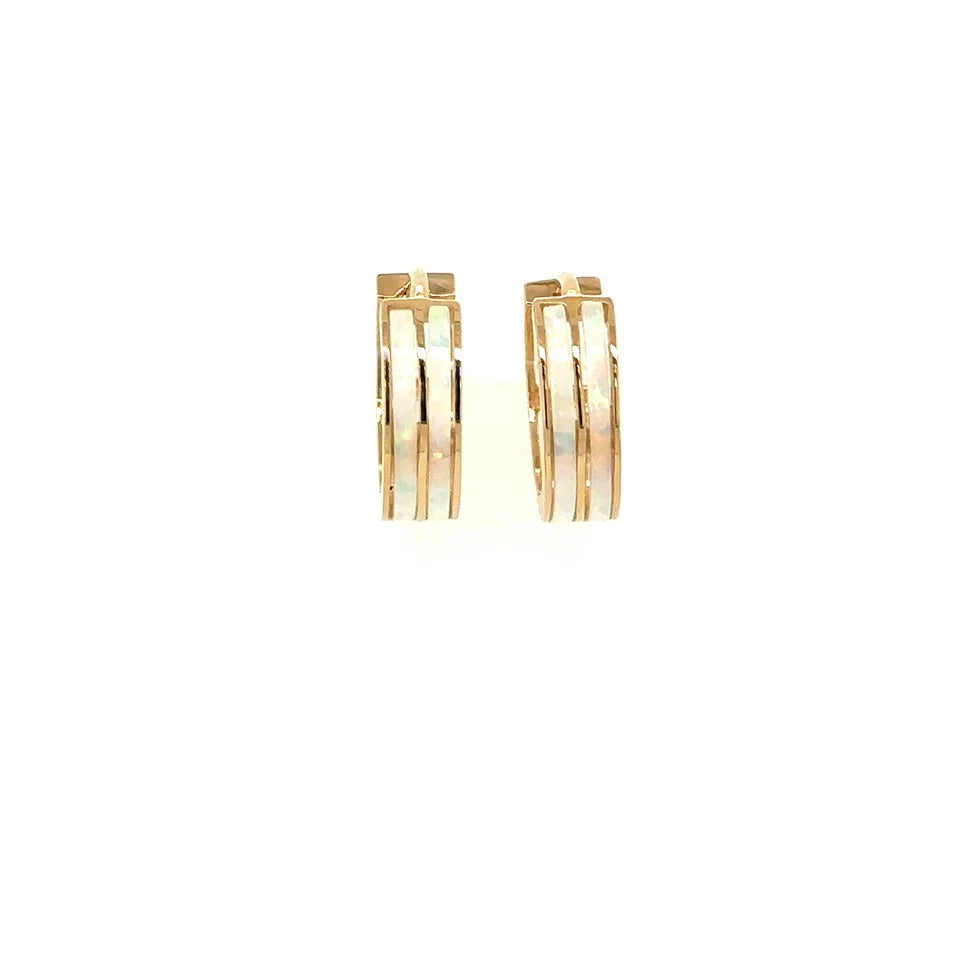 14k Yellow Gold Double Row White Opal Huggie Hoop Earrings