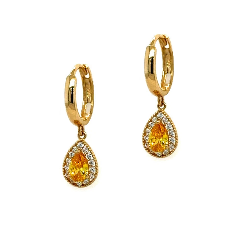 14k Yellow Gold Halo Birthstone Huggie Earrings for Women