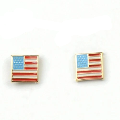14K Yellow Gold American Flag Stud Earrings with Enamel