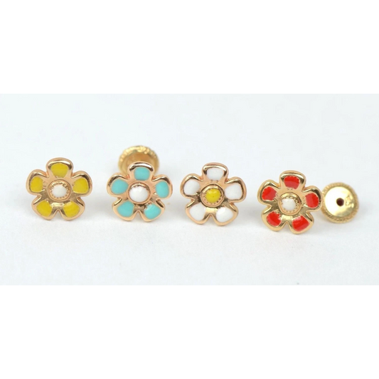 14k Yellow Gold Baby Enamel Flower Earrings, Screw Back