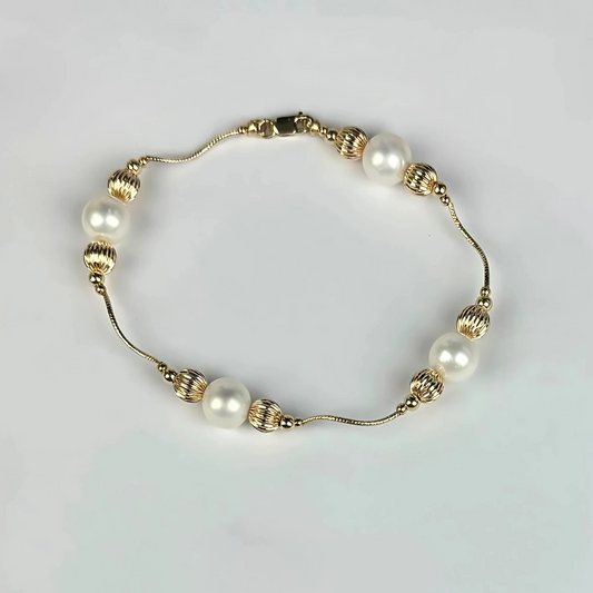 14K Yellow Gold Elegant Pearl & Gold Ball Bracelets for Women