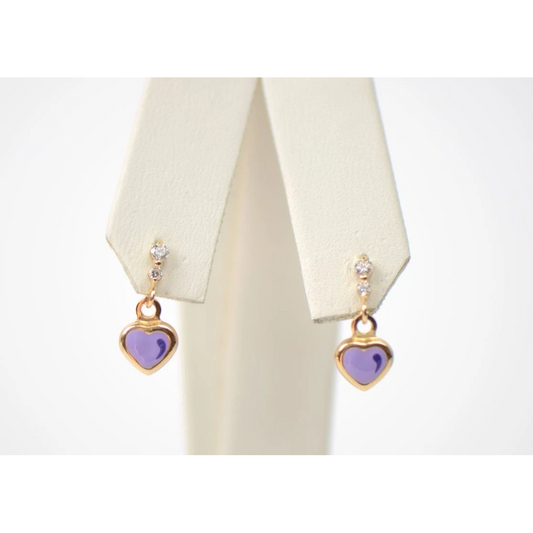 Solid 14K Yellow Gold Heart Shape Enamel Dangle Screw Back Baby Earrings