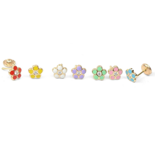 14k Yellow Gold Baby Enamel and CZ Flower earrings, Screw Back
