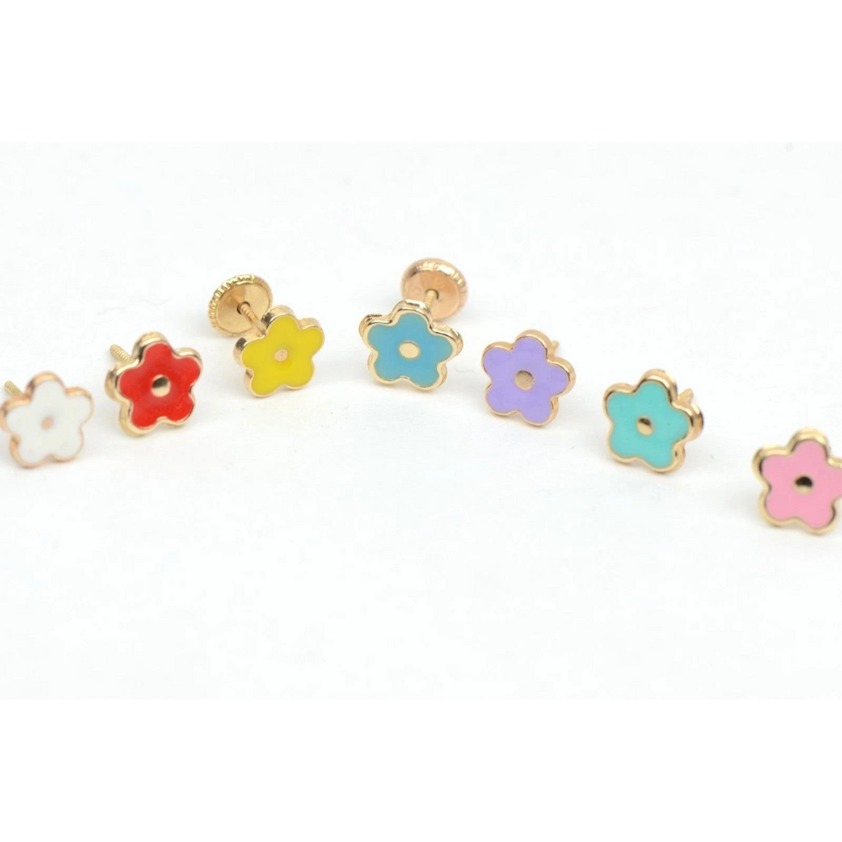 14k Yellow Gold Enamel Flower Baby earrings with Screw Back