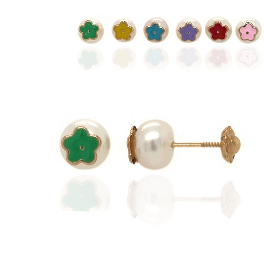 14k Yellow Gold Enamel Flower With Genuine Pearl Screw Back Stud Earrings