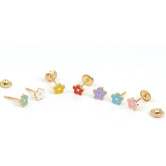 14k Yellow Gold Enamel Flower Screw Back Baby earrings