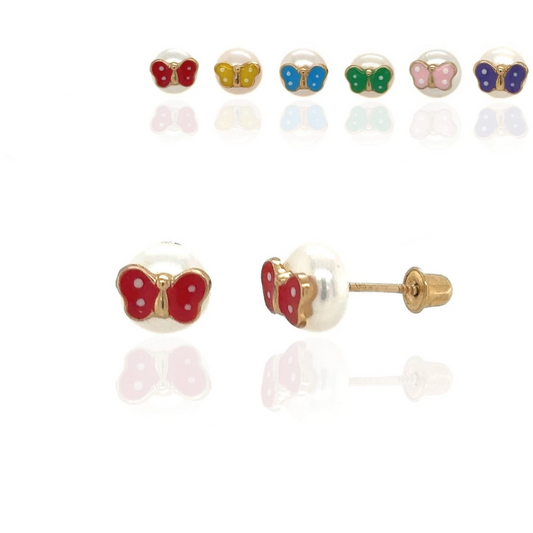14k Yellow Gold Enamel Butterfly With Genuine Pearl Screw Back Stud Earrings