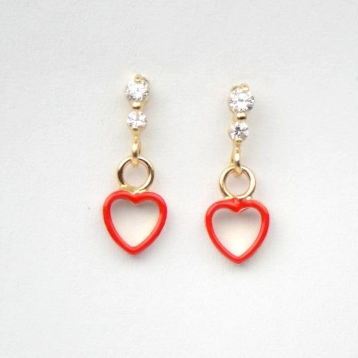 14K Solid Yellow Gold Heart Shape Dangle Earring with Enamel